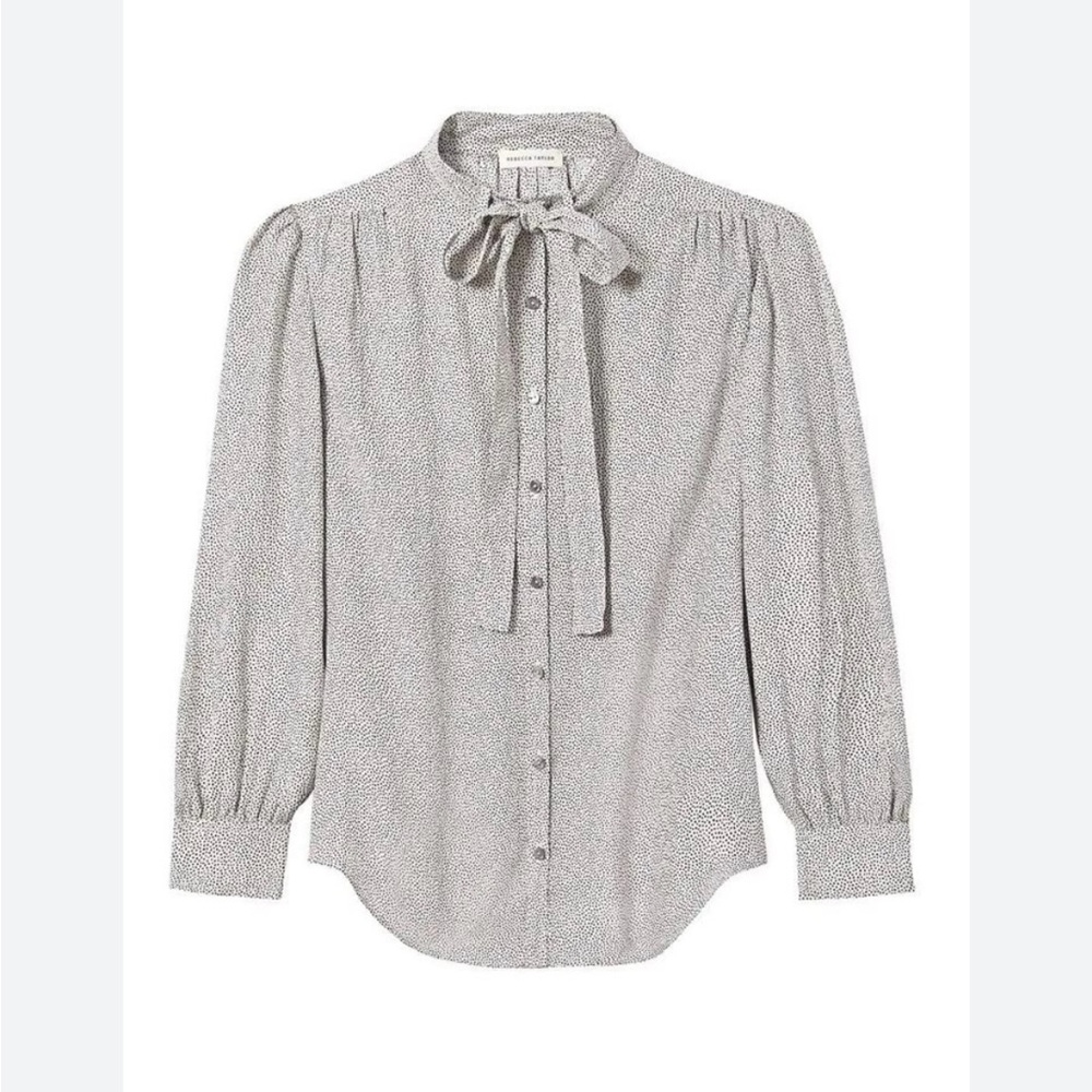 Rebecca Taylor Size 4 Sprinkle Dot Gray Silk Blouse with Bow Detail
